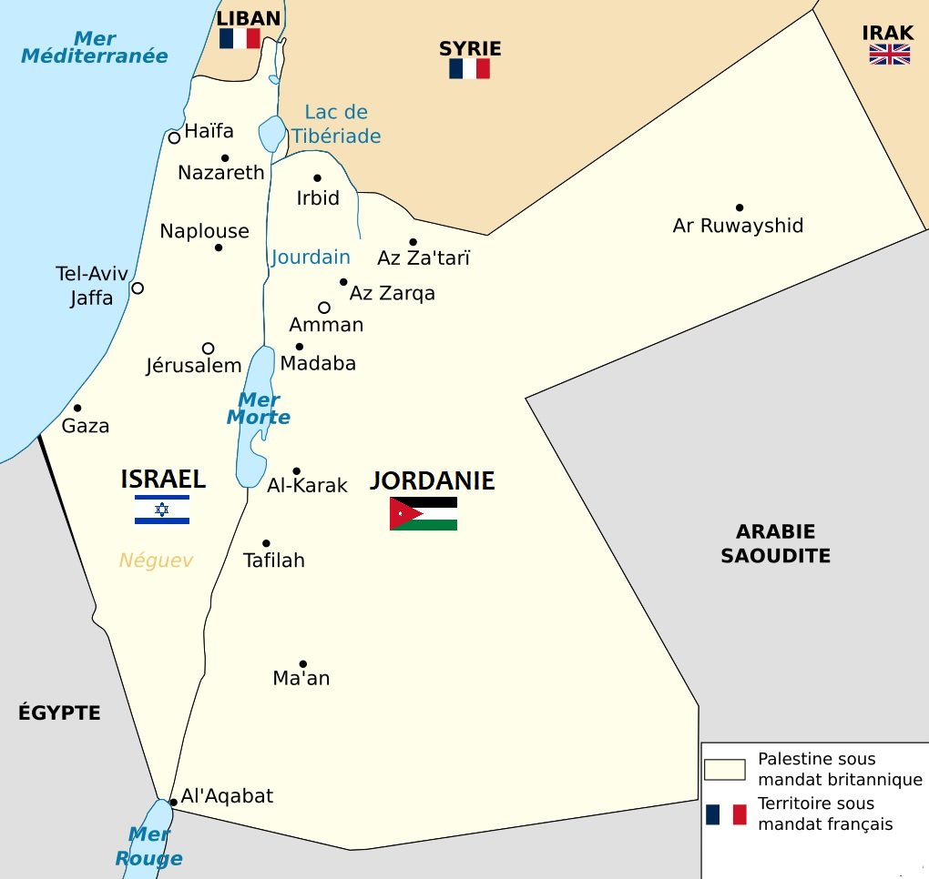 Solution 2 Etats côte-à-côte, un juif, un arabe.
Voici la carte de la Palestine Mandataire après le démantèlement de l'Empire Ottoman.
A gauche de la Mer Morte: Israël. Etat juif.
A droite de la Mer Morte: la Jordanie. Etat arabe.
Vous voulez maintenant 2 Etats arabes et 1 juif ?