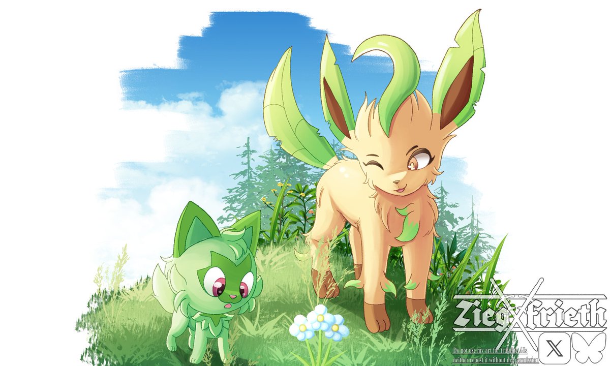 Ziegfrieth's tweet image. Sprigatito and leafeon :3
