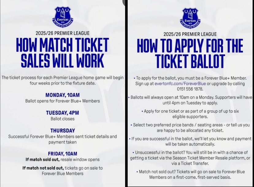 Turmoil at The Boo Camp. The natives aren't happy

Everton have got rid of their members credit system for Premier League games. Now,they all enter a ballot together 4 weeks before each game and get drawn out a hat

The people's club looking after their fans again!

Lucky dip F.C