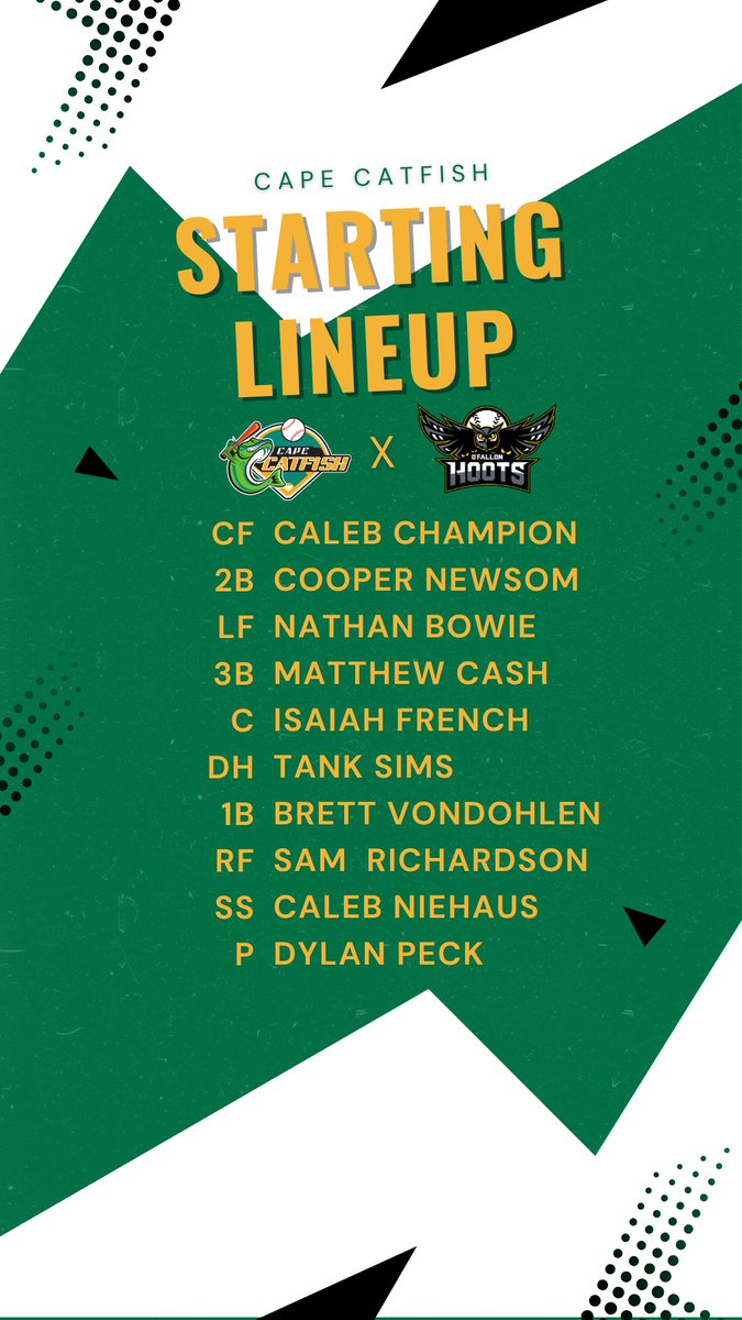 CapeCatfish's tweet image. This is how the Cape Catfish will shape up against the O’Fallon Hoots today! First pitch in about 45 minutes!
#CapeCatfish #Reelitin