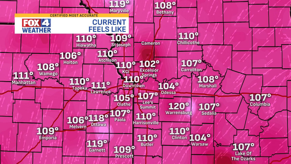 JacobLanierWx's tweet image. Highest feels like temps of the year so far around Kansas City!! 🥵 All thanks to extreme humidity with dewpoints around 80°! Tracking how long the heat lasts on @fox4kc. #KCwx #MOwx #KSwx
