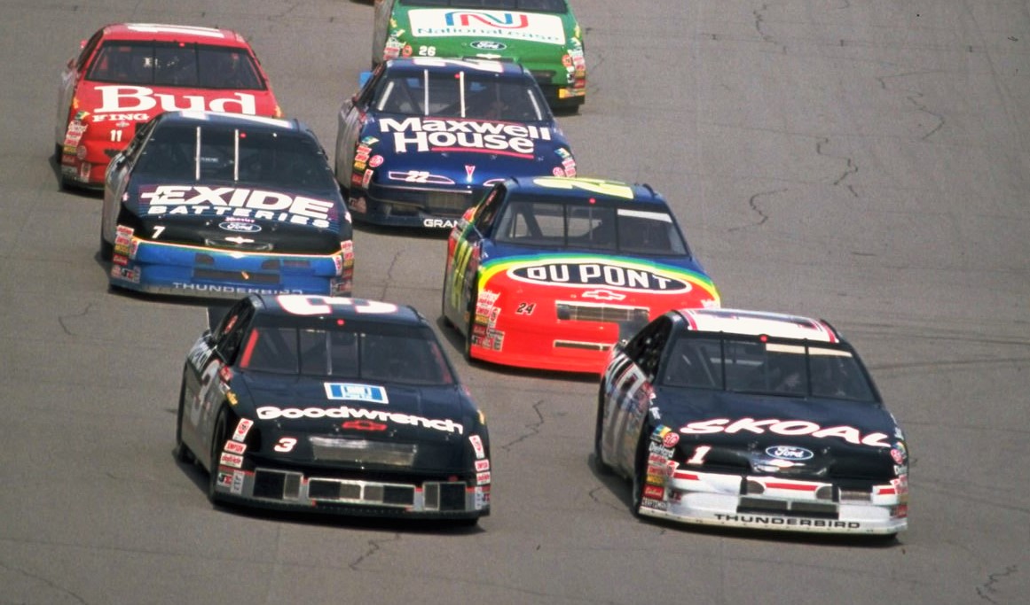 Rick Mast, Dale Earnhardt, Jeff Gordon, Geoff Bodine,  Bobby Labonte, Bill Elliott and Brett Bodine at the start of the inaugural Brickyard 400 in 1994.