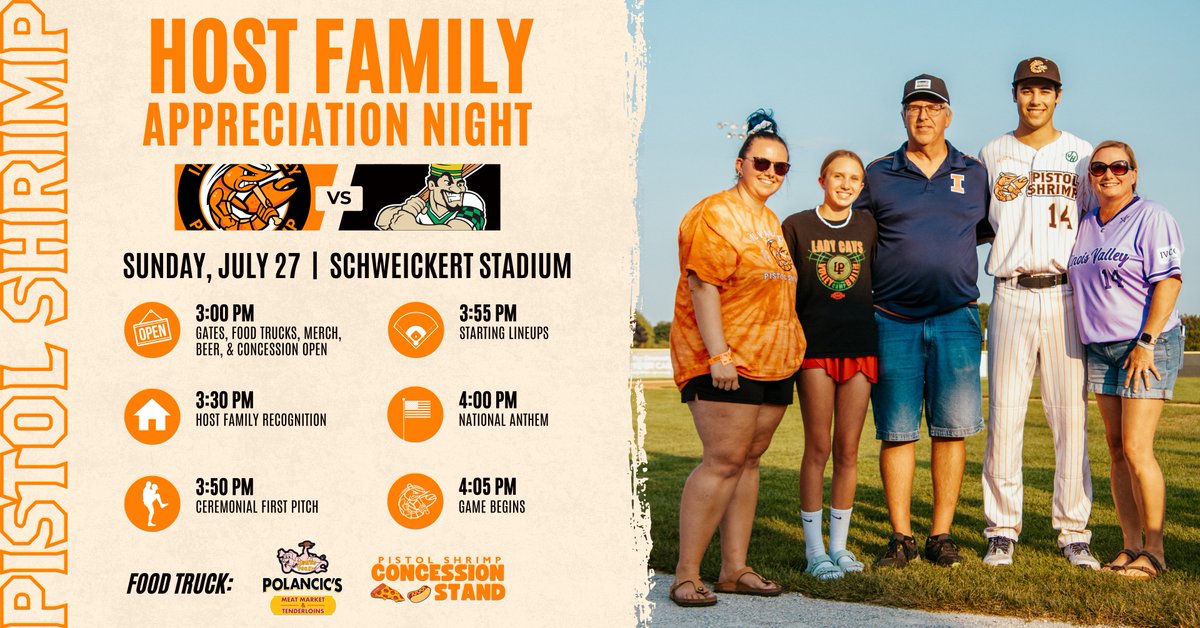 PShrimpBaseball's tweet image. Today at Schweickert Stadium ➡️ Host Family Appreciation! 🏠
🏟️ Gates Open 3:00
⚾️ First Pitch 4:05
🌭 🍕 at the Concession Stand
🥪 Polancic's Tenderloins
#FearTheClaw | More Info ⬇️
pistolshrimpbaseball.com/x/bw4f5