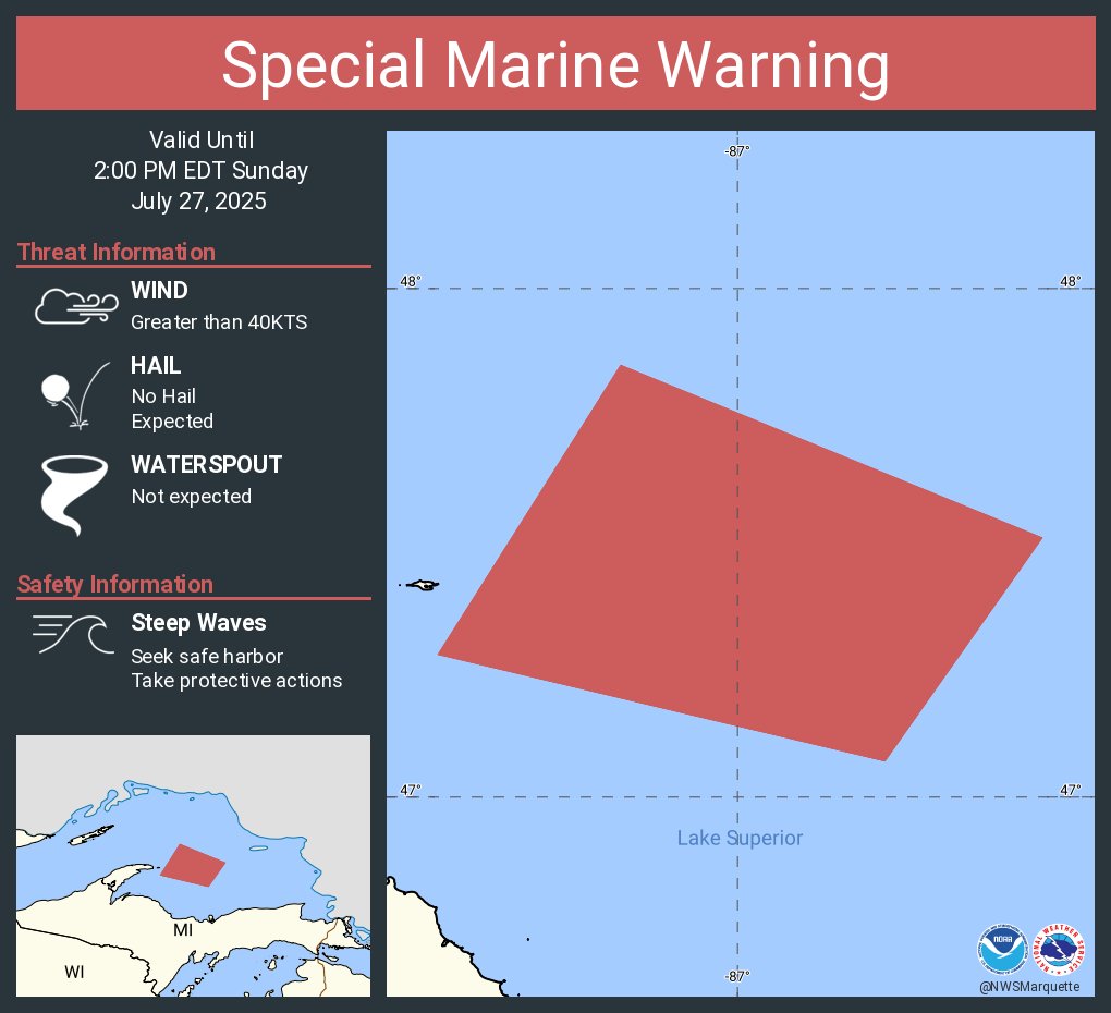 NWSMarquette's tweet image. Special Marine Warning continues for the Lake Superior East of a line from Manitou Island to Marquette MI and West of a line from Grand Marais MI to the US/Canadian Border Beyond 5NM from shore and Eagle River to Manitou Island MI until 2:00 PM EDT