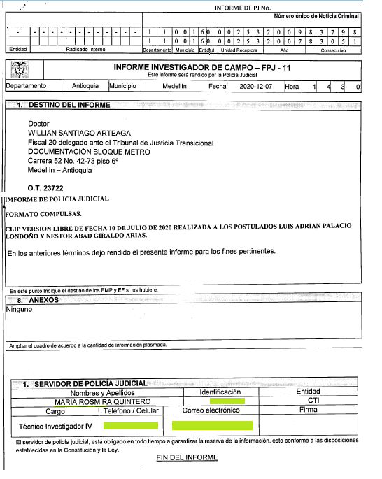 Ahora bien ¿Qué dice el informe de policía judicial (PJ) donde se involucra a Uribe con la masacre de Cañaveral? ¿Qué hechos delictivos revela? Este informe fue elaborado por la servidora de policía judicial María Rosmira con destino al Fiscal William Arteaga. Sigue👇