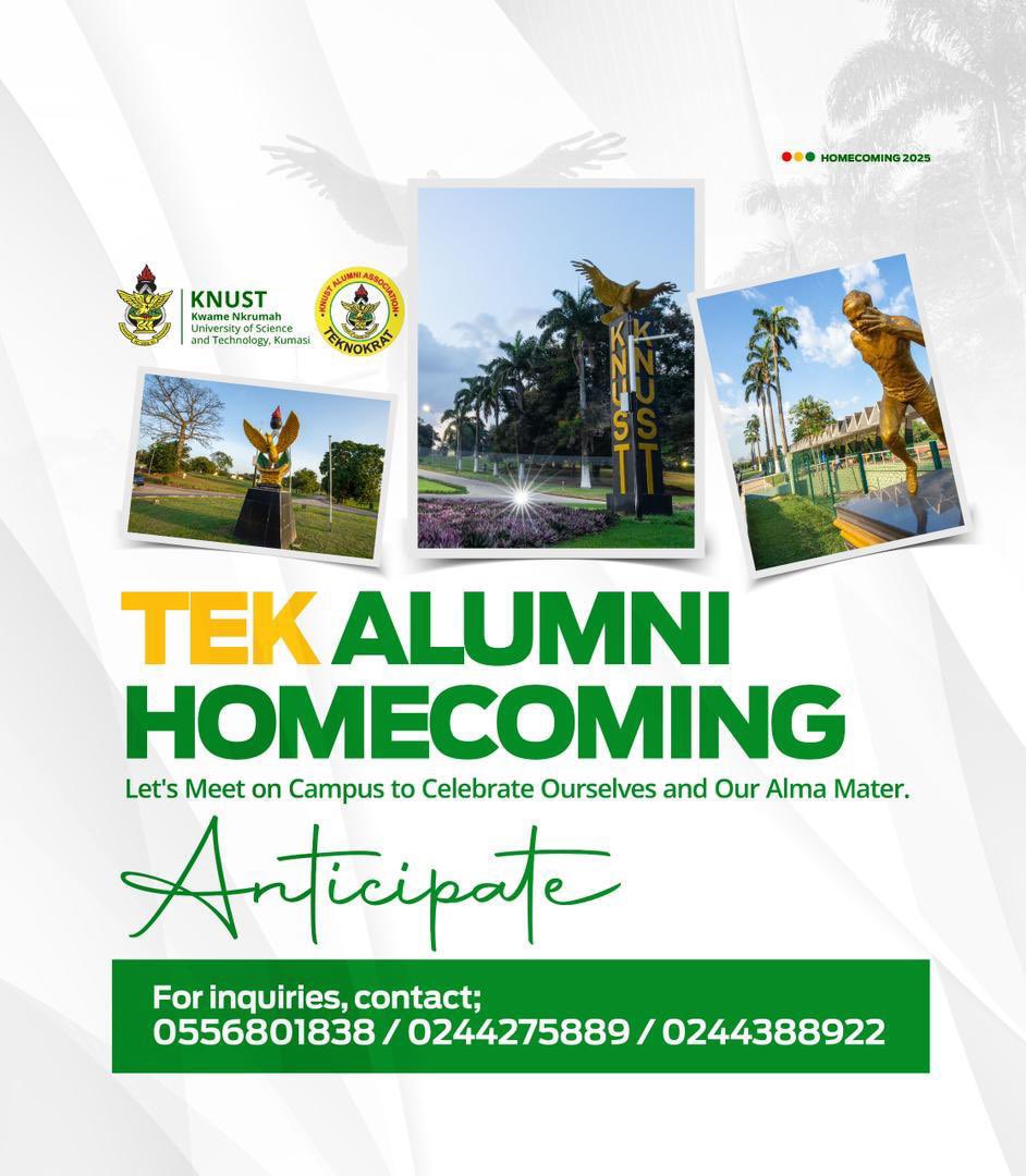 I_am_FFB's tweet image. Want to see change? Be part of it. The alumni panel on August 1st is your chance to join the conversation and contribute to a smarter, more resilient KNUST.
#TekAlumniHomecoming
