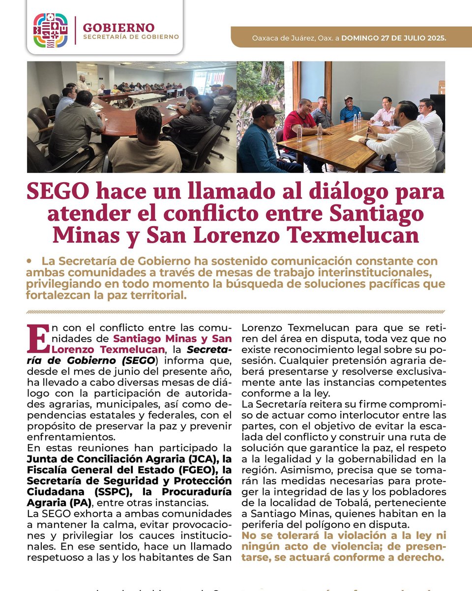 SEGO hace un llamado al diálogo para atender el conflicto entre Santiago Minas y San Lorenzo Texmelucan.

Comunicado completo en: goo.su/tMEcsJR