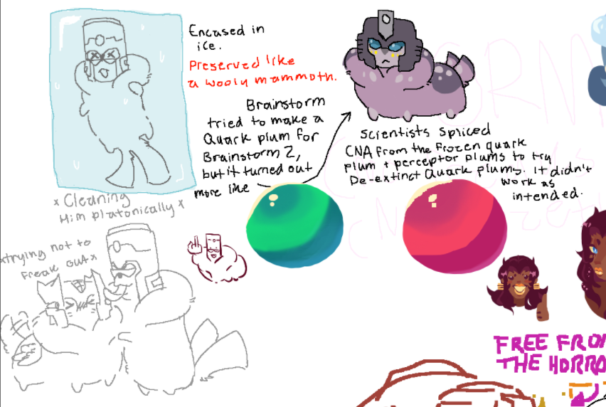 retcon__'s tweet image. more magma fun times featuring anthro brainstorm plum and quark plum, and also the de-exstinction of quark plum using perceptor plum cna splicing and for it to not work as intended, resulting in a purple perceptor plum