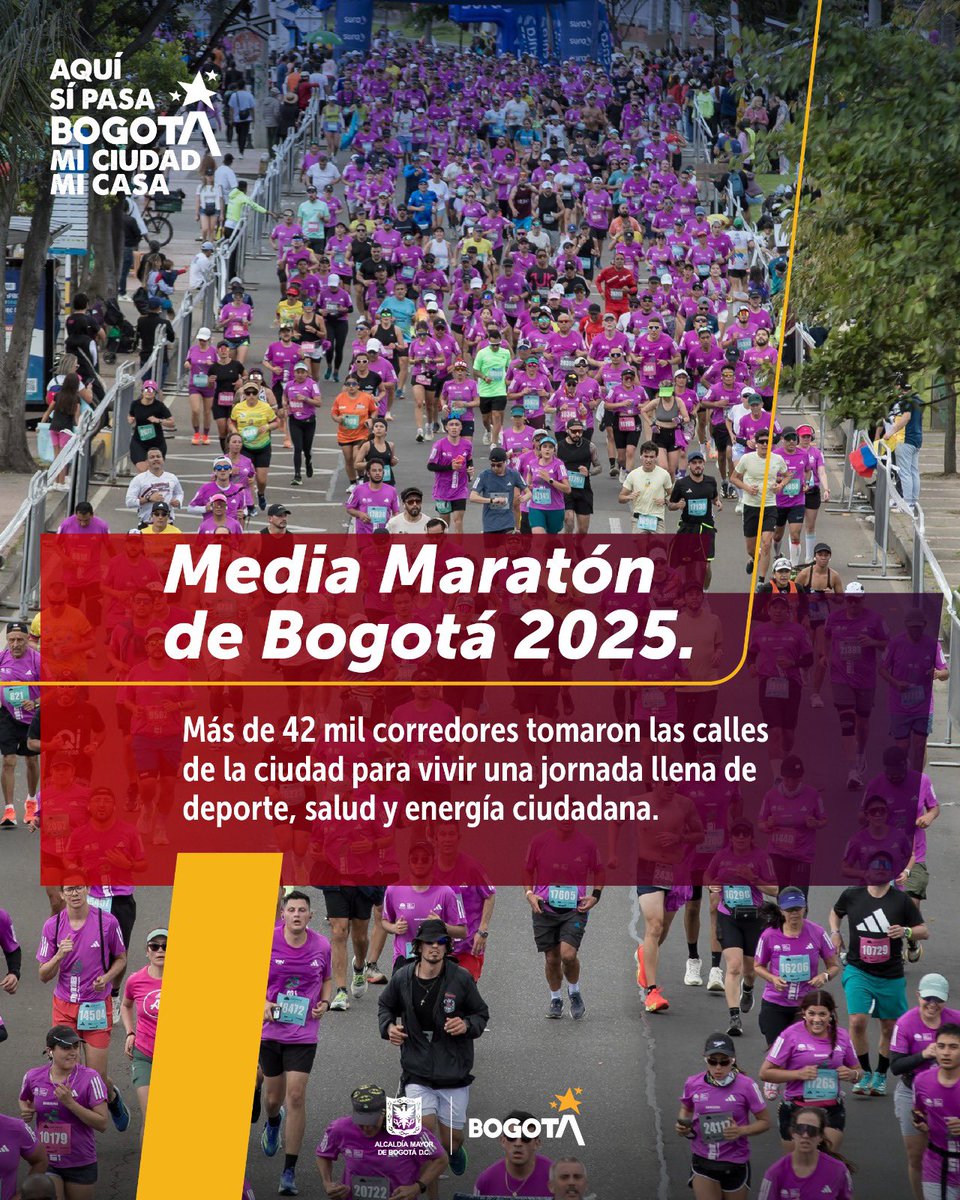 Bogota's tweet image. #AquíSíPasa en Bogotá, mi ciudad, mi casa.
La Media Maratón de Bogotá 2025 fue una fiesta de la salud y el deporte.
Más de 42.000 corredores le pusieron el corazón a cada paso por nuestra ciudad.