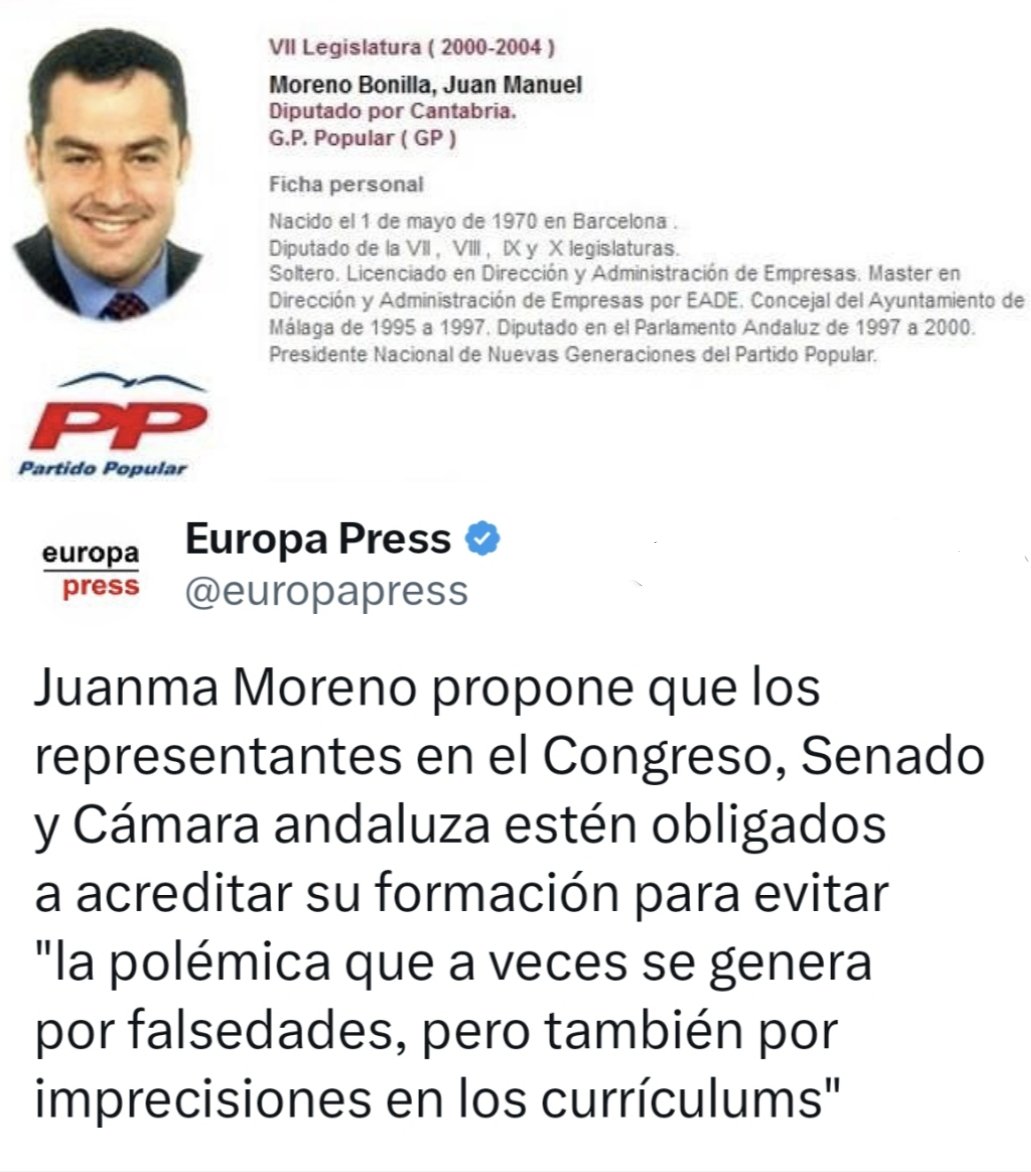 RubenSanchezTW's tweet image. El presidente de la Junta de Andalucía, cuyo currículum inventaba una licenciatura en ADE cuando era diputado por Cantabria, explica hoy cómo evitar que los políticos falseen sus currículums.
No puede ser más cínico.