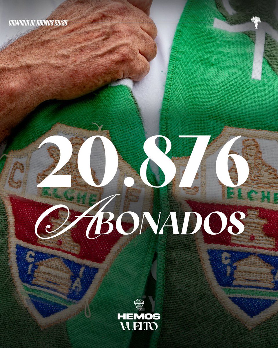 elchecf's tweet image. 💚 𝐄𝐥 𝐄𝐥𝐜𝐡𝐞 𝐂𝐅 𝐜𝐢𝐞𝐫𝐫𝐚 𝐞𝐥 𝐩𝐞𝐫𝐢𝐨𝐝𝐨 𝐝𝐞 𝐫𝐞𝐧𝐨𝐯𝐚𝐜𝐢𝐨́𝐧 𝐜𝐨𝐧 𝟐𝟎.𝟖𝟕𝟔 𝐚𝐛𝐨𝐧𝐚𝐝𝐨𝐬 💚
El 95,7 % de los abonados renuevan su compromiso para la temporada 2025/26.