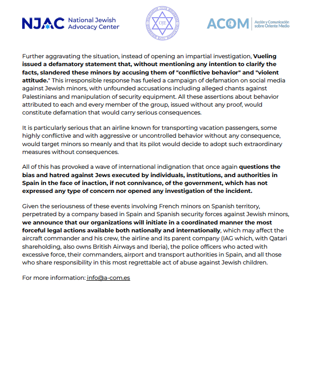 MarkGoldfeder's tweet image. Update re: Vueling Matter- 
Joint Statement from @NJACLaw, @Association_OJE, and @ACOM_es:

The signatory organizations express our deep concern regarding the events that occurred on July 23, 2025, at Valencia airport, where 44 French minors were expelled from an airplane by the…