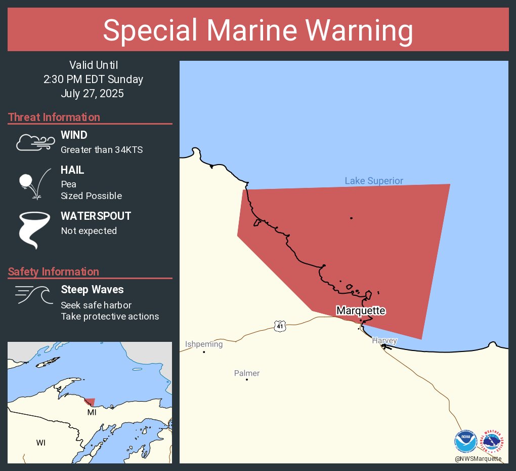 NWSMarquette's tweet image. Special Marine Warning including the Lake Superior East of a line from Manitou Island to Marquette MI and West of a line from Grand Marais MI to the US/Canadian Border Beyond 5NM from shore, Huron Islands to Marquette MI and Marquette to Munising MI until 2:30 PM EDT