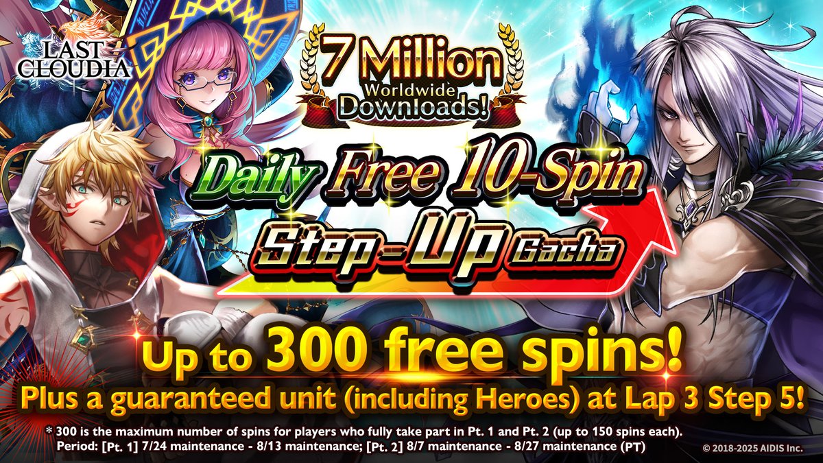 lastcloudiaen's tweet image. Get up to 300 Free Gacha Spins!✨

The daily free 10-spin step-up gacha is now live in #LastCloudia! This time around, one SSR or rarer is guaranteed at Step 3, and one unit is guaranteed at Step 5!

Moreover, Descent of Heroes units will join the draw pool in all steps of Lap 3!