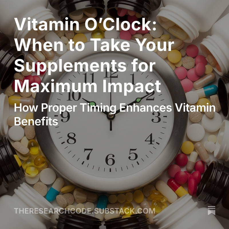TheResearchCode's tweet image. Are You Taking Your Vitamins at the Wrong Time?
Most people focus on what vitamins to take, but when you take them can make or break their effectiveness. Poor timing equals wasted money and missed health benefits.
The Science-Backed Schedule:
Morning (Empty Stomach):
·…