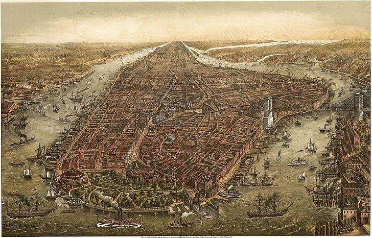 curious_ledger's tweet image. Behold Manhattan in 1870—a teeming hub of commerce and ambition. The Brooklyn Bridge rises on the right, steamships crowd the harbor, and Central Park stretches north. A stunning bird’s-eye glimpse of New York City on the brink of becoming a global powerhouse.