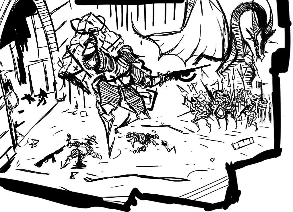 HelloAbyssal's tweet image. Did a quick sketch of my current pathos nethack run
A giant miner with a artifact weapon that's just a bloody wall
I've decimated fort ludios and got access to there firearms (mainly the heavy machine gun) and grenades