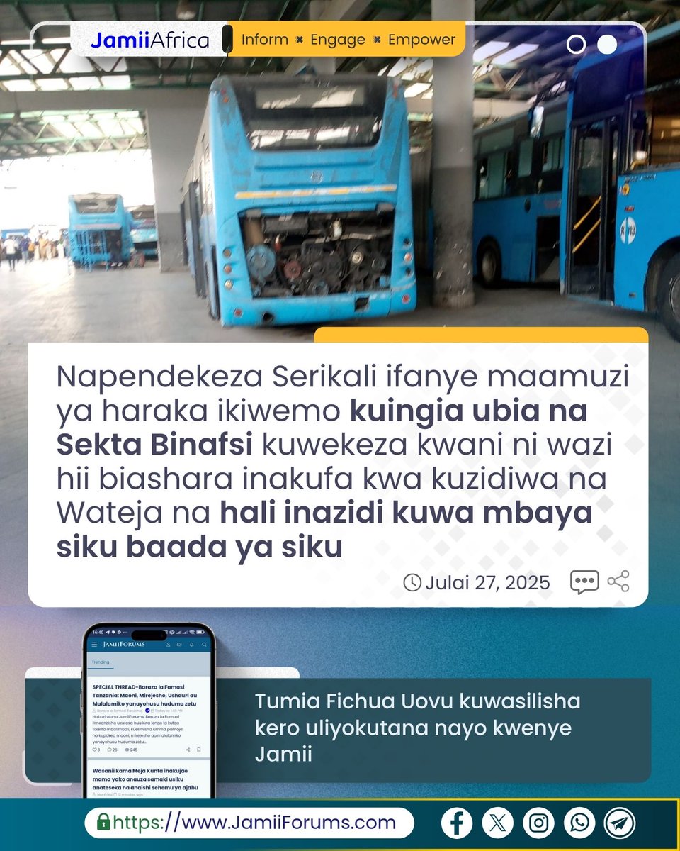JamiiForums's tweet image. DAR: Mdau wa JamiiForums.com anatoa wito kwa Wakala wa Mabasi Yaendayo Haraka (#DART) kutafuta njia ya haraka kuboresha huduma ya usafiri wa Mwendokasi kwa maelezo kuwa inazidi kupungua ubora kila siku.
Anasema "Mabasi ni machache na hali hiyo inalazimu Watu kukaa zaidi…