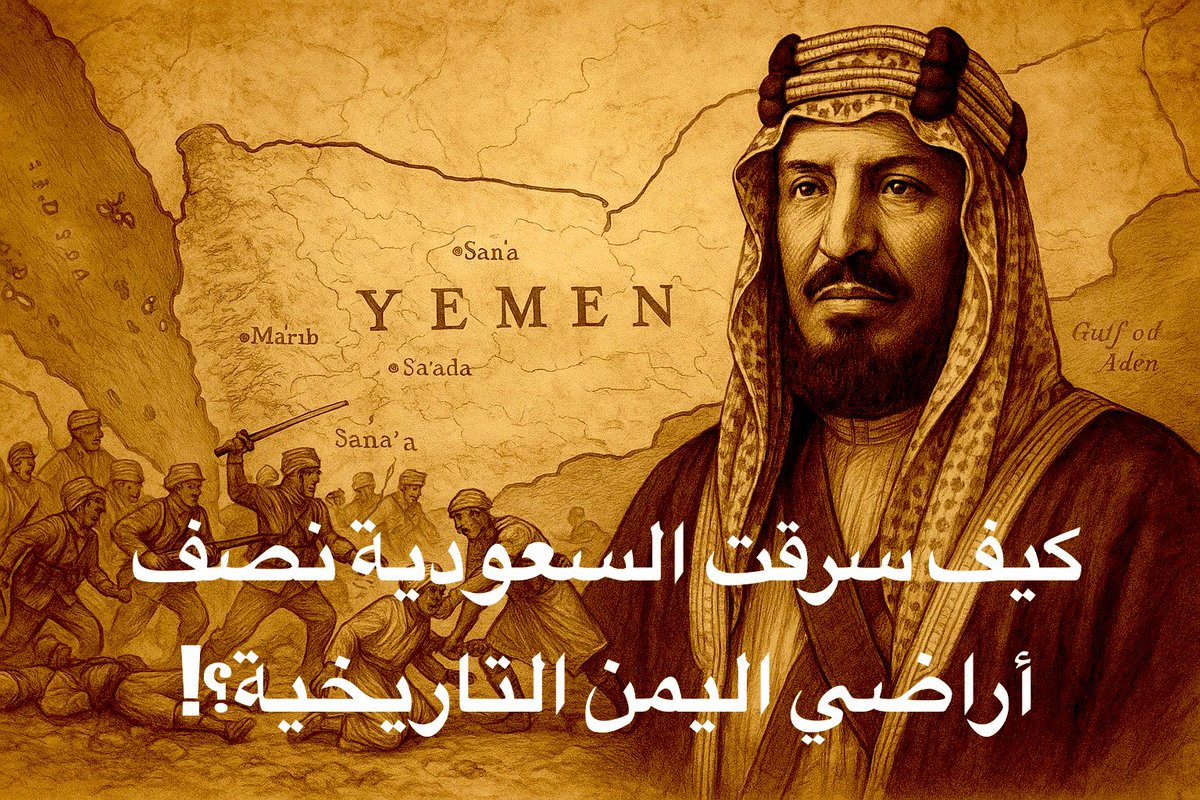 🧵1/
سرقة الأرض: كيف اغتصبت السعودية نصف اليمن التاريخي؟

السلام عليكم إخواني،

في هذا التقرير سأحدثكم عن جريمة صامتة، قلّ من تحدّث عنها بوضوح، رغم وضوح وقائعها في كتب التاريخ، ومظاهرها في الخرائط، وآثارها في وجدان شعب بأكمله. إنها جريمة سرقة، لا تشبه السرقات العادية، ولا تتقنها