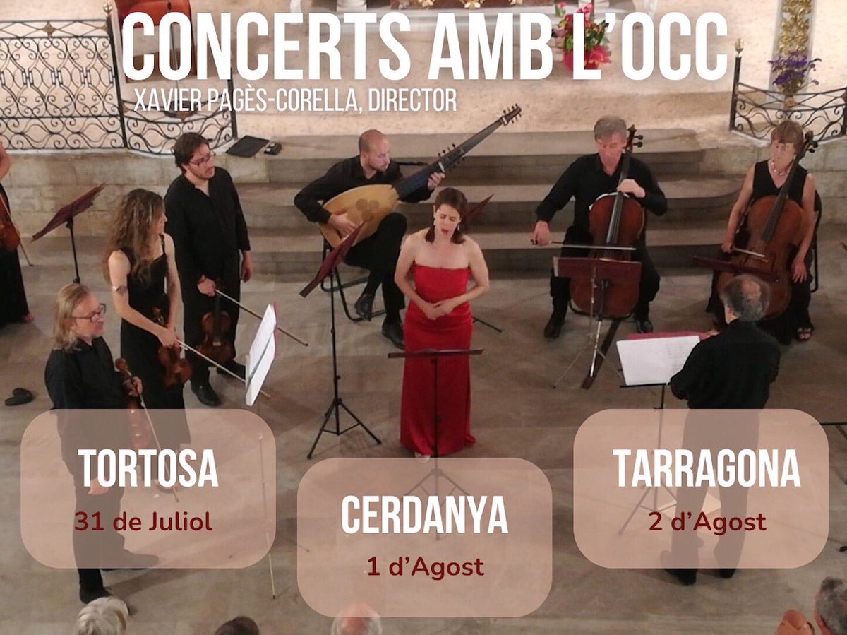 🎶Aquest estiu torno a pujar als escenaris amb l’OCC, sota la direcció de Xavier Pagès-Corella, per emprendre una gira per Catalunya que em fa especial il·lusió. ✨

Del 31 de juliol al 2 d’agost, visitarem Tortosa (Proto Fest 5), la Cerdanya i Sarral.

Ens veiem aquest estiu. ☀️