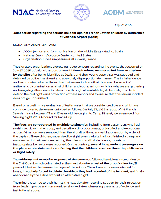 MarkGoldfeder's tweet image. Update re: Vueling Matter- 
Joint Statement from @NJACLaw, @Association_OJE, and @ACOM_es:

The signatory organizations express our deep concern regarding the events that occurred on July 23, 2025, at Valencia airport, where 44 French minors were expelled from an airplane by the…