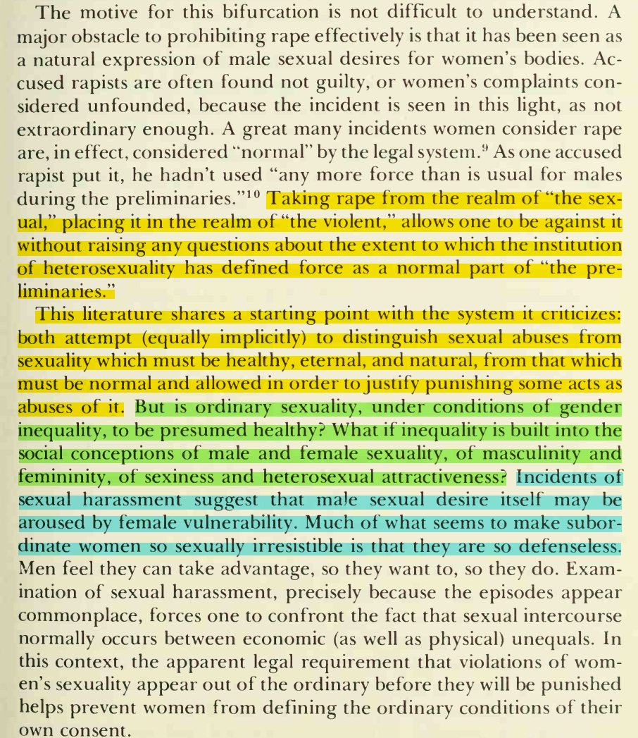 iHateCogsci's tweet image. &quot;Taking rape from the realm of &apos;the sexual,&apos; placing it in the realm of &apos;the violent,&apos; allows one to be against it without raising any questions about the extent to which the institution of heterosexuality has defined force as a normal part of [sex].&quot;
