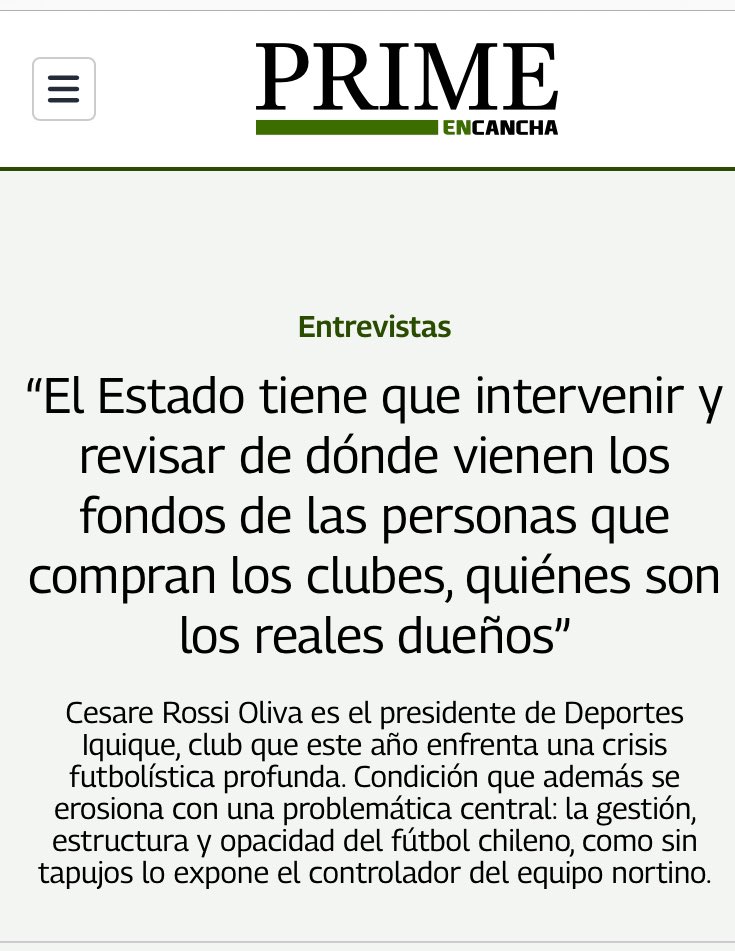 Estado actual del fútbol en un diagnóstico valiente y claro del Presidente de <a href="/ClubDIquique/">Deportes Iquique</a> 

Ojalá que los temas de libre competencia que plantea sean recogidos por la <a href="/ChileFne/">FNE_Chile</a> al igual que la necesidad de justificar el origen de los recursos sea analizado por el <a href="/SII_Chile/">SII</a>