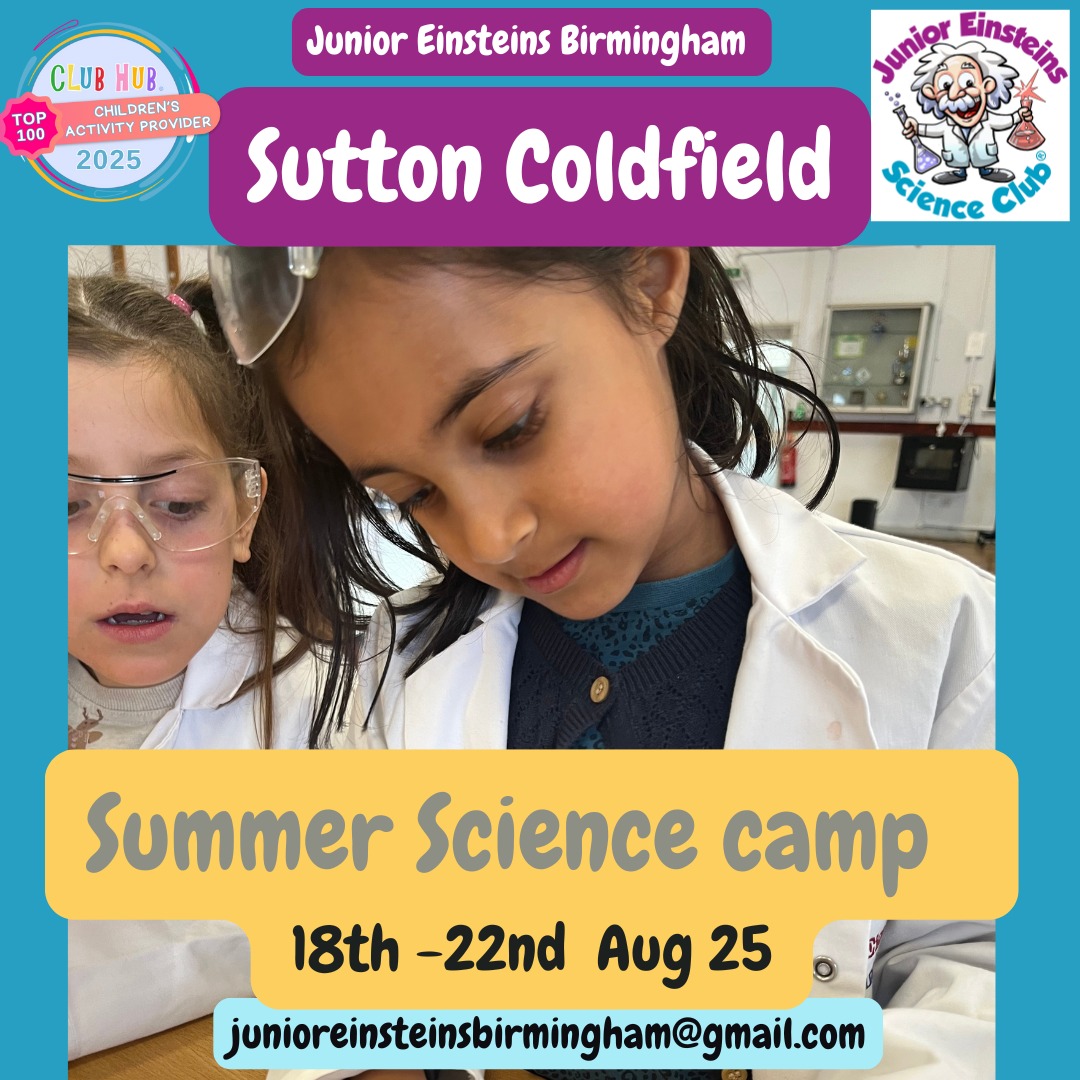 Sutton Coldfield Science Summer Camp for kids –

Mon 18th – Frid 22nd Aug 25
9am – 2pm

👉 Book here: junioreinsteinsscienceclub.com/events/sutton-…

junioreinsteinsbirmingham@gmail.com

#suttoncoldfield #suttoncoldfieldmoms #suttoncoldfieldmums #fouroaksmums #littleaston