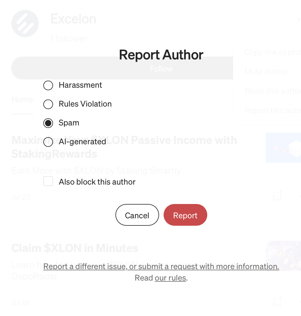 Excelonapp's tweet image. Be aware of a scammer Impersonating Excelon on Medium at: medium.com/@kxailyanoaaea…
This is not Excelon and any promotion there is a SCAM!
Follow the above link, click on the three dots next to Excelon and then select "Report this author" and then indicate "SPAM"
Keep Web3 Safe!