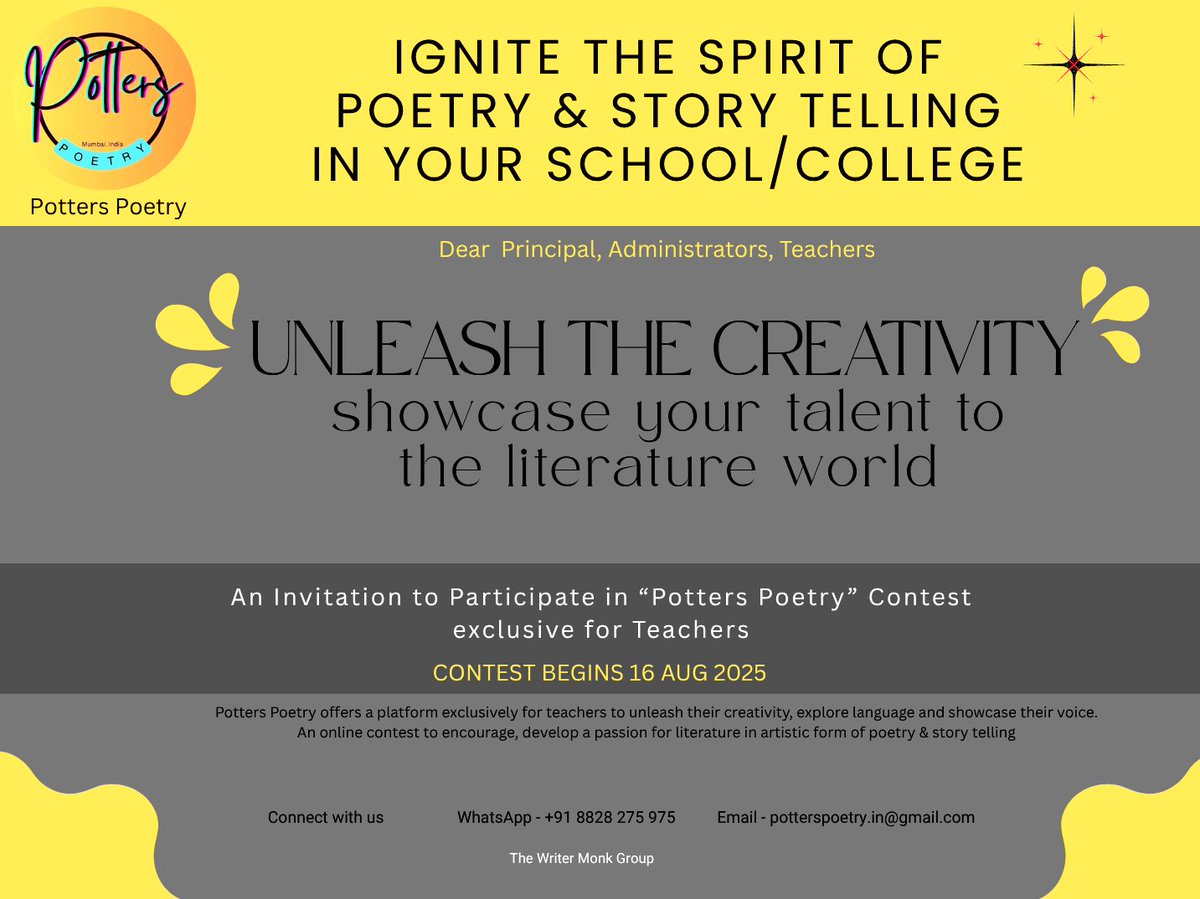 Potters Poetry is an initiative exclusively for the Teachers by TWM. It aids in channelizing the talent of teachers in literature world. The group invites your school / college teachers to participate in online annual Poetry contest
thewritermonk.wordpress.com/potters-poetry/
#twmonk #potterspoetry