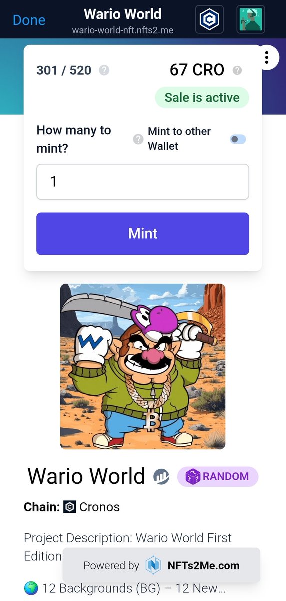 quick1875's tweet image. $Wario just hit over 300 mints. Better get some before there gone. Staking for $Lion coming soon and staking for @FartcoinCRO is already live on @ObsidianSwap

wario-world-nft.nfts2.me

#Crofam    #Cronos #Wario #NFT #FFTB    #Lion