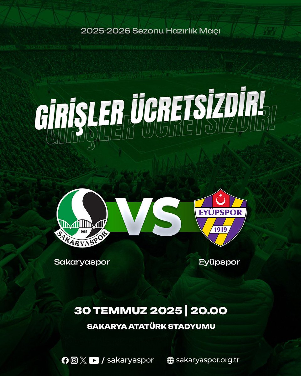 Sakaryaspor's tweet photo. Değerli Taraftarlarımız,

30 Temmuz 2025 Çarşamba günü Sakarya Atatürk Stadyumu’nda oynayacağımız Eyüpspor hazırlık müsabakası, tüm taraftarlarımız için ücretsiz olacaktır.

🎽 Formanı giy, yerini al!
💚🖤 Takımımızı hep birlikte destekleyelim!

#AnadoluGüneşi https://t.co/o2YS1HiW52