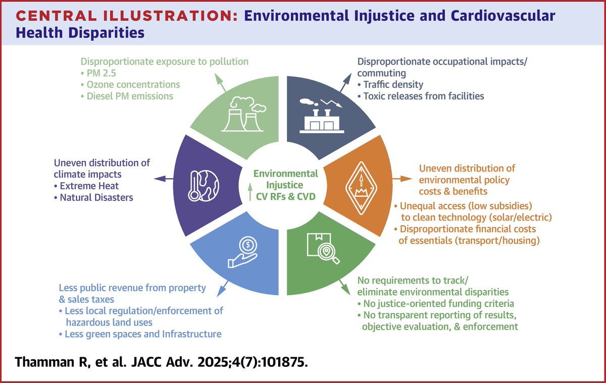 JACCJournals's tweet image. New #JACCAdvances review explores the intersection between environmental injustice and CV #HealthDisparities, highlighting how climate change, pollution, and environmental exposures disproportionately impact vulnerable populations jacc.org/doi/10.1016/j.…

#SDOH #AirPollution