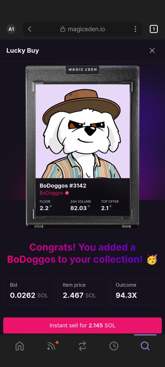 sawbobwas's tweet image. 5 spins at .03 a spin into a @BoDoggosENT this time. The Gecko still evades me! Im coming for a gecko on Lucky buy @MagicEden !!