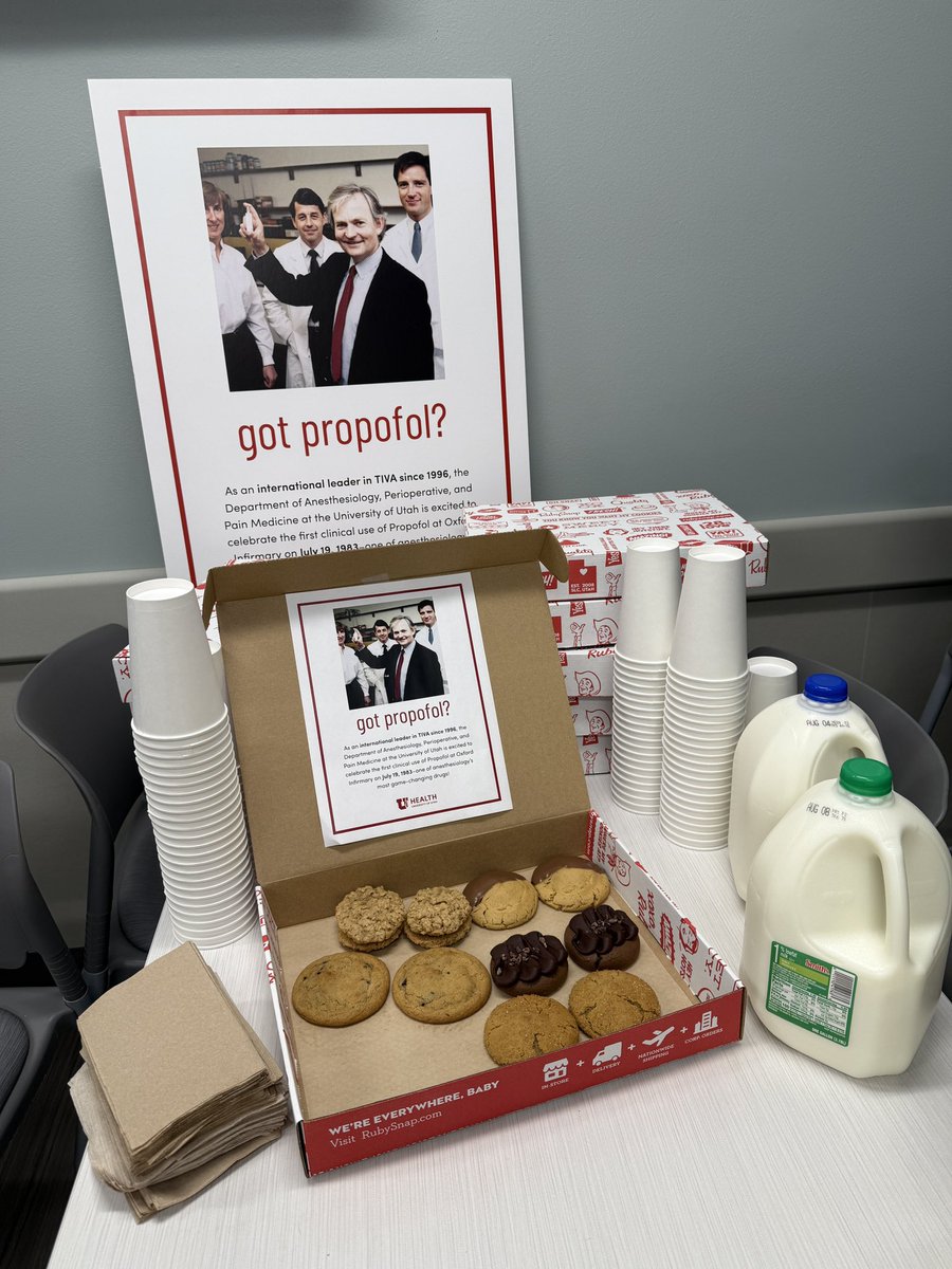 Talmage Egan, MD (@uofu_anes_chair) on Twitter photo Fun to celebrate the advent of #propofol last week with milk and cookies in all our ORs. We are calling it “Propofol Day.” Join us on July 19th next year! Got propofol? #AnesthesiologyElevated Fun to celebrate the advent of #propofol last week with milk and cookies in all our ORs. We are calling it “Propofol Day.” Join us on July 19th next year! Got propofol? #AnesthesiologyElevated