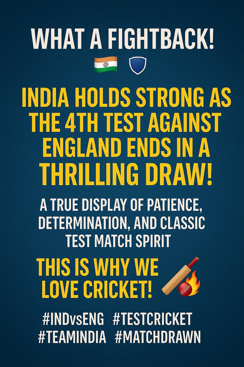 Vicky85739456's tweet photo. What a fightback! 🇮🇳🛡️
India holds strong as the 4th Test against England ends in a thrilling draw!
A true display of patience, determination, and classic Test match spirit.
This is why we love cricket! 🏏🔥
#INDvsENG #TestCricket https://t.co/roZCitnew6