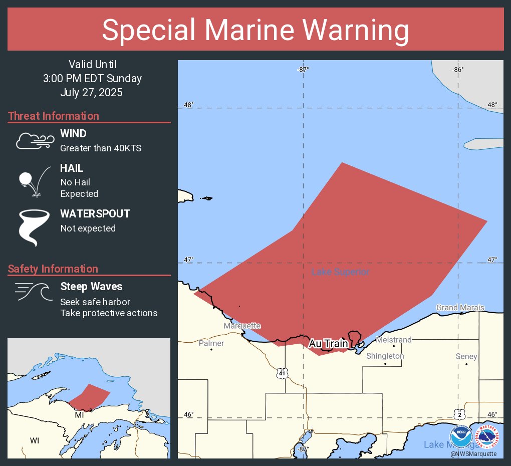 NWSMarquette's tweet image. Special Marine Warning including the Lake Superior East of a line from Manitou Island to Marquette MI and West of a line from Grand Marais MI to the US/Canadian Border Beyond 5NM from shore, Huron Islands to Marquette MI and Marquette to Munising MI until 3:00 PM EDT