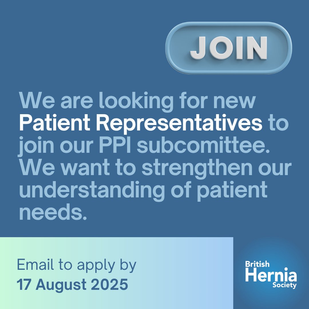 British Hernia Society (@britishhernia) on Twitter photo 🗣️ The <a href="/BritishHernia/">British Hernia Society</a> Society is recruiting Patient Representatives to join our PPI subcommittee.
Help shape patient info, support resources, and hernia care priorities.
🖊️ Apply by 17 Aug 2025
📧 jackiebullock620@gmail.com
#PatientVoice #HerniaCare 🗣️ The <a href="/BritishHernia/">British Hernia Society</a> Society is recruiting Patient Representatives to join our PPI subcommittee.
Help shape patient info, support resources, and hernia care priorities.
🖊️ Apply by 17 Aug 2025
📧 jackiebullock620@gmail.com
#PatientVoice #HerniaCare