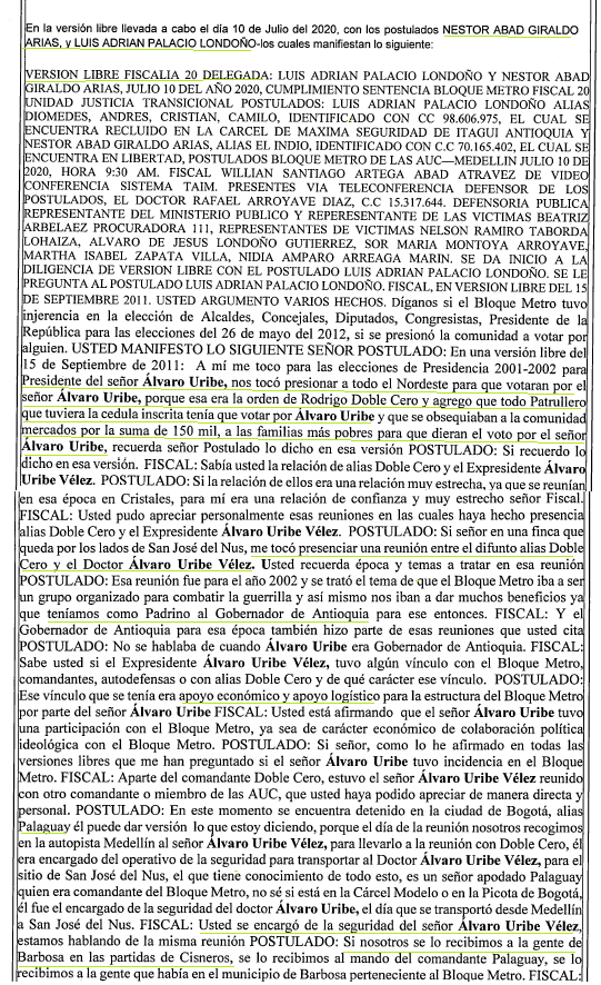 En el informe de PJ se revela de voz de los testigos que Uribe y Rodrigo Doble 0 del B/Metro se reunieron. Además que en el nordeste antioqueño donde estaba Cañaveral, las AUC ordenaron y compraron votos para Uribe y que éste daba apoyo logístico y económico a las AUC. Sigue👇
