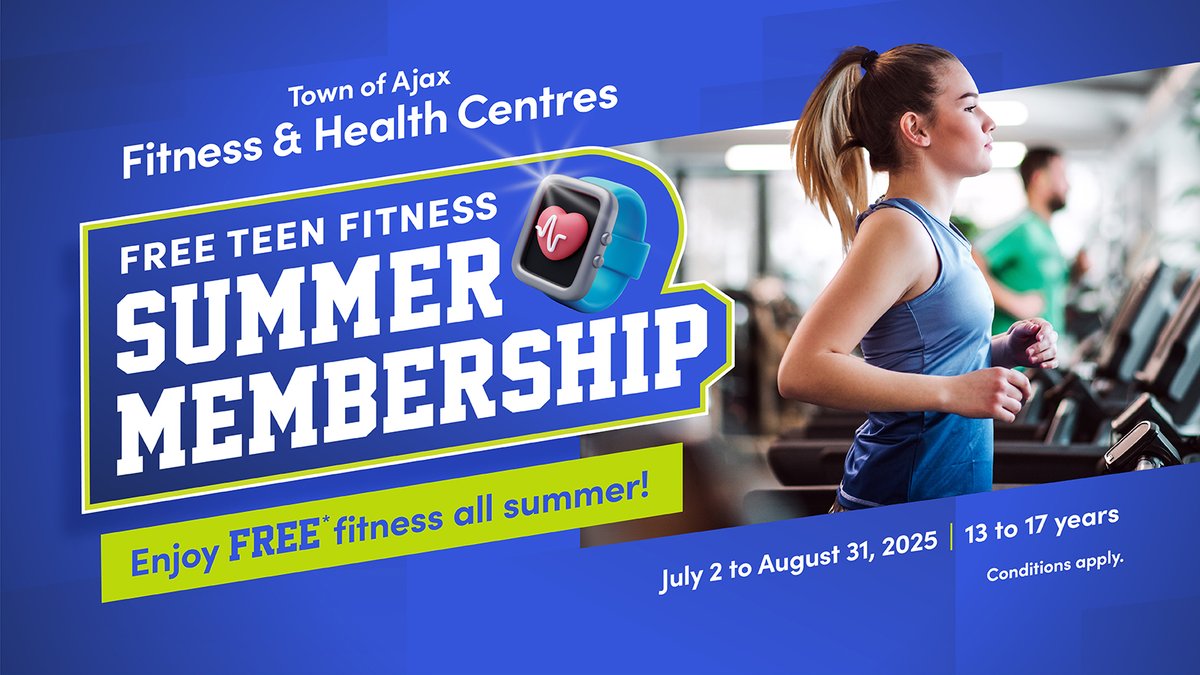 TownOfAjax's tweet image. 🌞 Free Summer Fitness for Ajax Teens! 🌞
Ajax teens aged 13 to 17, enjoy free fitness access at Town facilities from 10 a.m. to 3 p.m. until August 31, 2025!
Unlock access to:
👟 Core Performance Zone
🏋️️ Ajax & McLean Fitness & Health Centres
🧘 Group Fitness Drop-In…