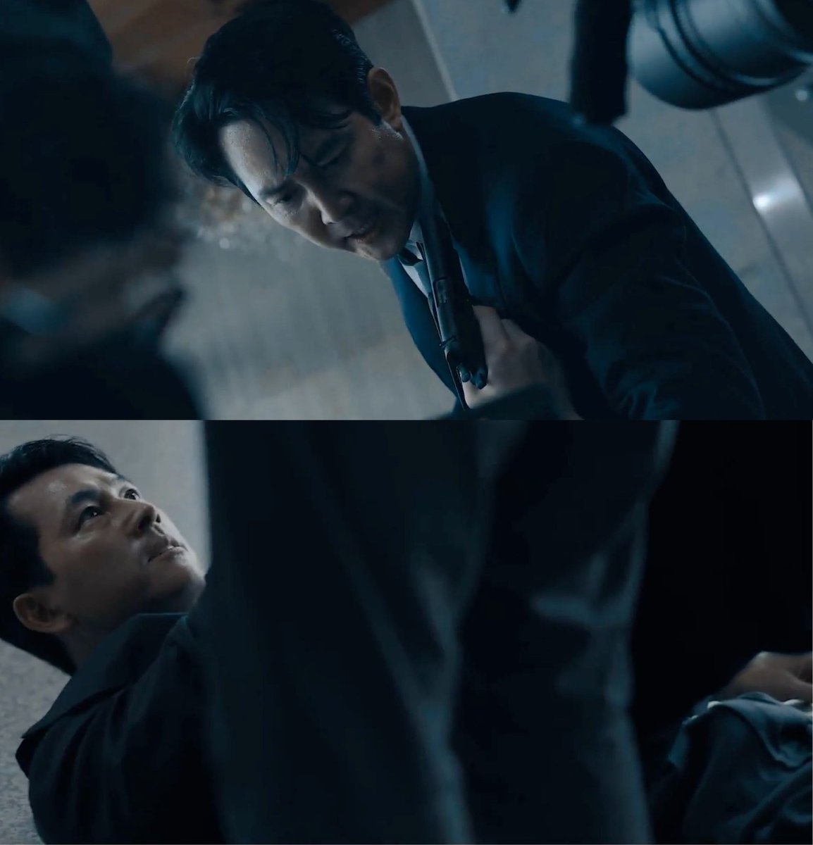 micolluci's tweet image. Jung-do (jws) interrogated and tortured Pyong-ho (ljj) in the past but Lee Jung-jae is not shown in Hunt. He is better than me (prefer it if he did)
