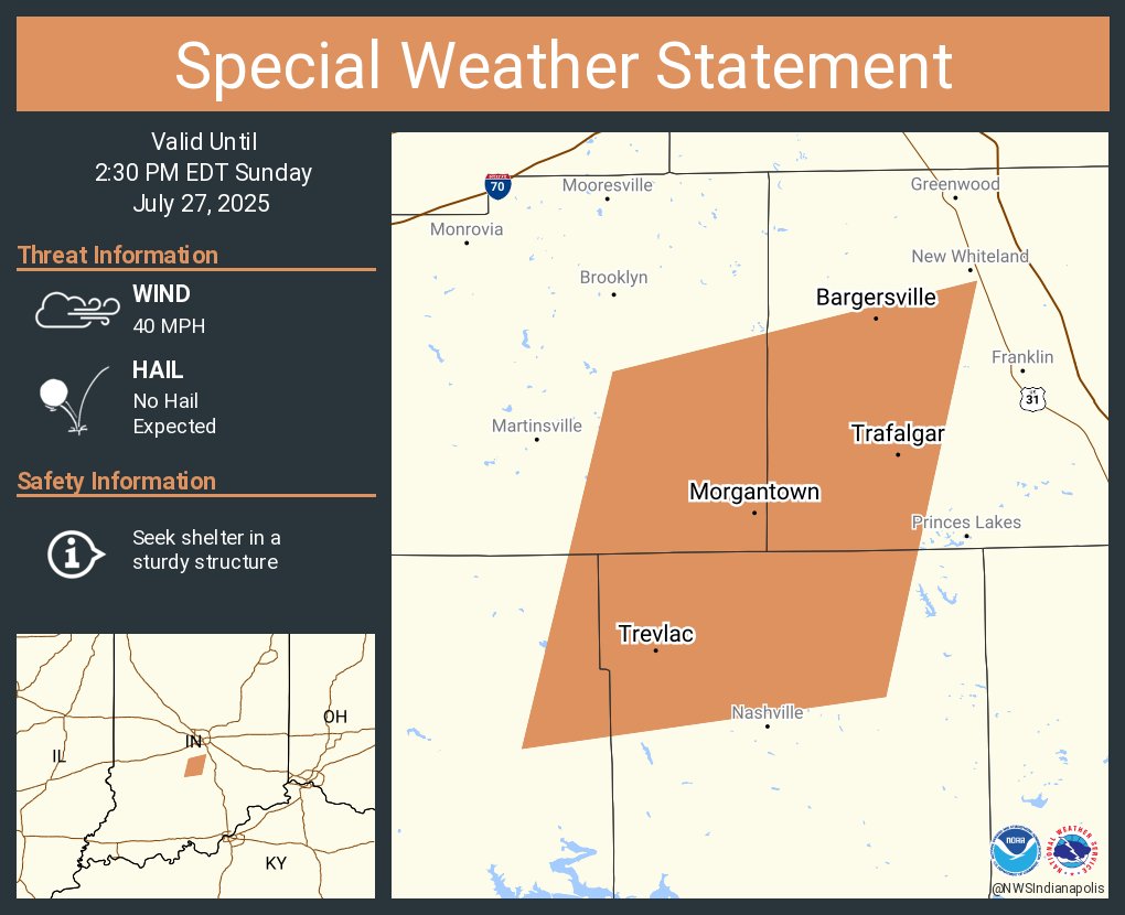 NWSIndianapolis's tweet image. A special weather statement has been issued for Bargersville IN, Trafalgar IN and Morgantown IN until 2:30 PM EDT