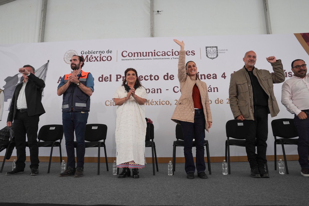 SICTmx's tweet image. El Secretario de Infraestructura, Comunicaciones y Transportes #SICT, Jesús Antonio Esteva Medina, y el Titular de la Agencia Reguladora del Transporte Ferroviario #ARTF, @andreslajous, acompañan a la Presidenta @Claudiashein, al anuncio del Proyecto de la Línea 4 de…