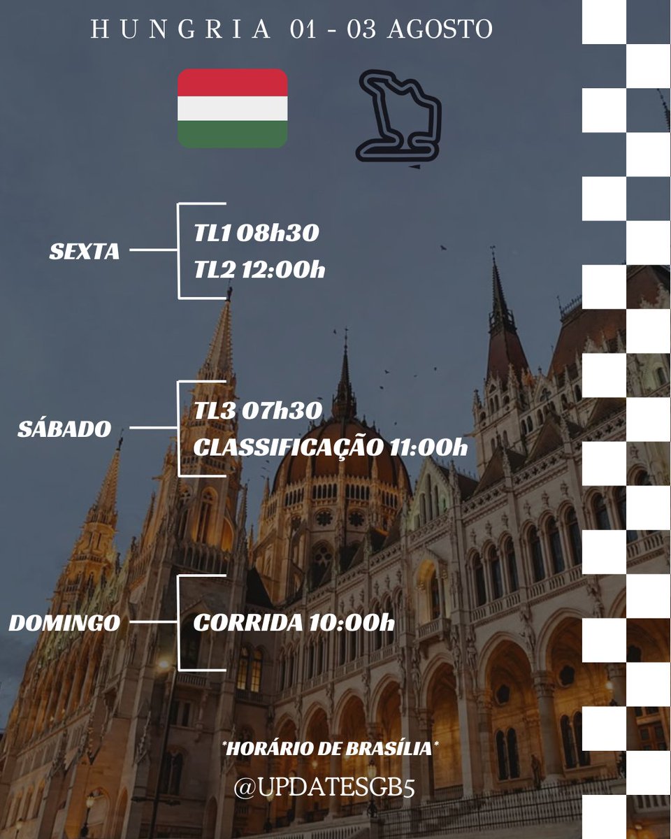 UpdatesGB5's tweet image. 🇭🇺 IT'S RACE WEEK!
Chegamos a última corrida antes da férias de verão!
O Grande Prêmio da Hungria acontece em Budapeste, no Circuito de Hungaroring. A corrida conta com 70 voltas em uma pista de 4,381 Km.
Aqui estão os horários da semana:
