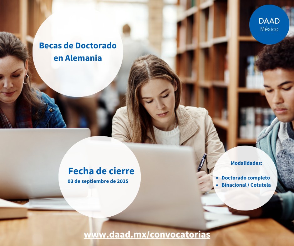 🎓 ¿Te interesa hacer un doctorado con una beca en Alemania?
El DAAD ofrece programas de becas para estudios doctorales que te permiten realizar tu investigación en una de las comunidades científicas más dinámicas del mundo.

ℹ️ daad.mx/convocatorias