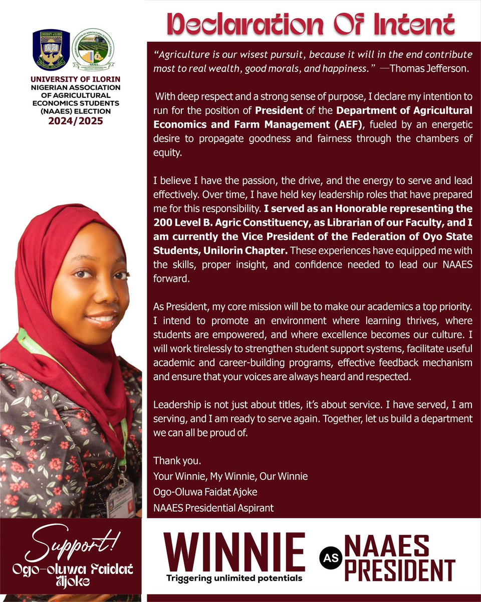 WinningSkincare's tweet photo. Grateful and honored to be the President-Elect of the Nigerian Association of Agricultural Economics Students (NAAES), UNILORIN.

Thank you for believing in me. The journey to serve, lead, and empower begins now. Let’s build impact, together. 🌾✨

#NAAES #leadership #unilorin https://t.co/10JBFgzyjV