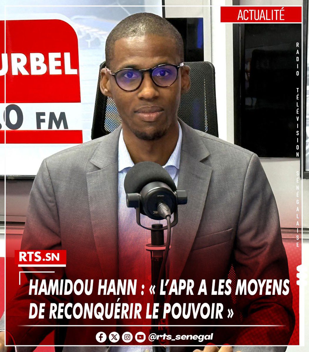 RTS1_Senegal's tweet image. Hamidou Hann, coordonnateur de la Cellule d’analyse et de prospective de l’APR, affirme que son parti reste solide malgré la perte du pouvoir et ambitionne de revenir aux affaires en 2029. Il souligne le leadership de Macky Sall, la force de l’appareil politique et les nombreuses…