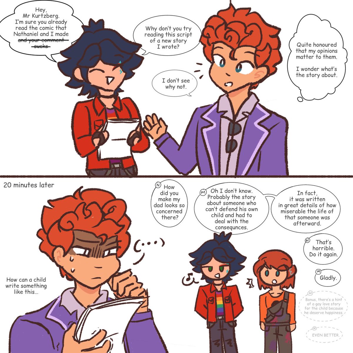 Meeting each other dads🕶️👓

Nathaniel of course received a better feedback for the comic by Mr Anciel, even got some tea and extra whimsical story for his entertainment. Then, there’s Marc who have a surprise for someone.