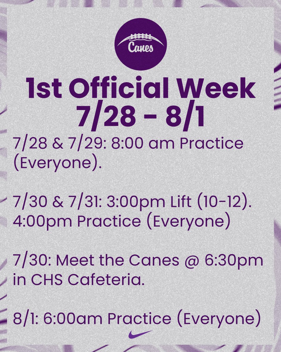 CHSHurricaneFB's tweet image. Please see the graphic for updated practice times on Monday and Tuesday. Make sure you are HYDRATING now. Do not wait until practice.
Also, please make sure your physical is up to date. #Canes
