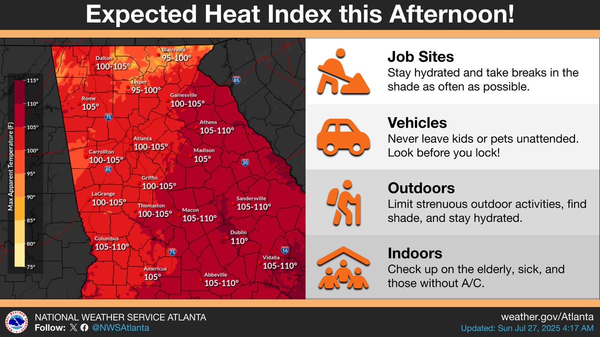 AFCEMA's tweet image. Heat index values are expected to be near 103° this afternoon. Practice heat safety!